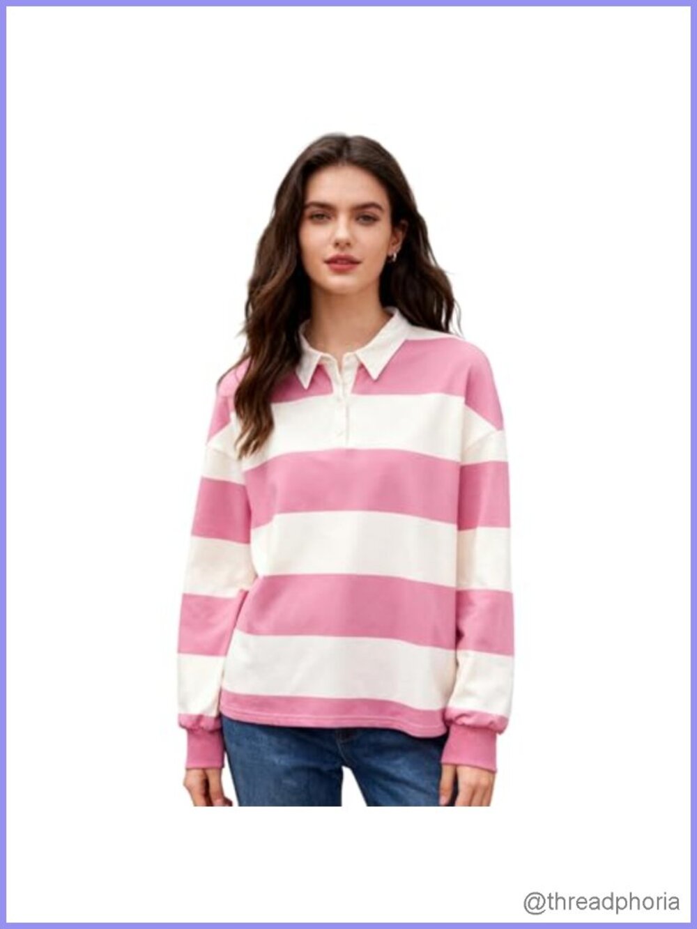 Women's Long Sleeve Striped Rugby Polo Shirt Loose Fit Color Block Top
